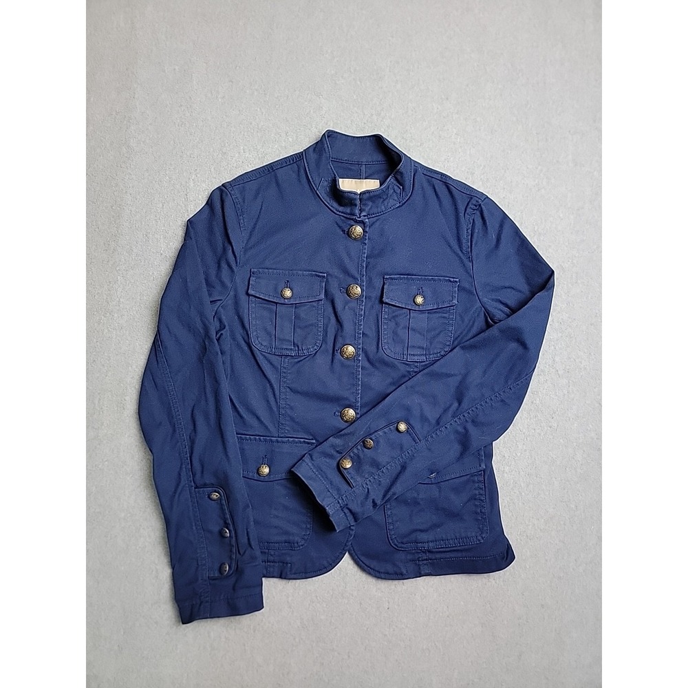 Banana Republic Military Jacket Womens 4 Navy Blue Utility Brass Button Safari